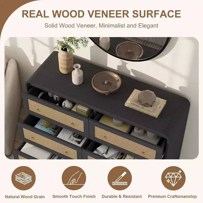 Acekool Commode à 6 tiroirs en rotin de 79 cm de haut, commode moderne pour chambre et salon