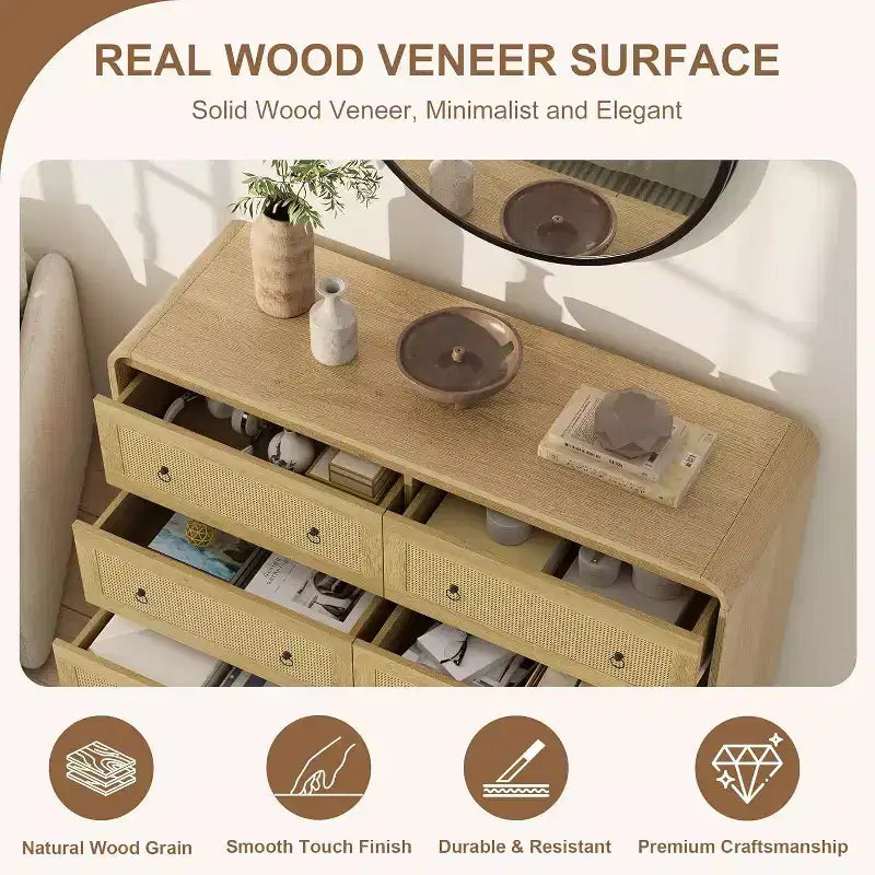 Acekool Commode à 6 tiroirs en rotin de 79 cm de haut, commode moderne pour chambre et salon