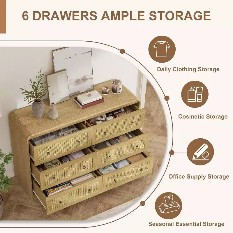 Acekool Commode à 6 tiroirs en rotin de 79 cm de haut, commode moderne pour chambre et salon