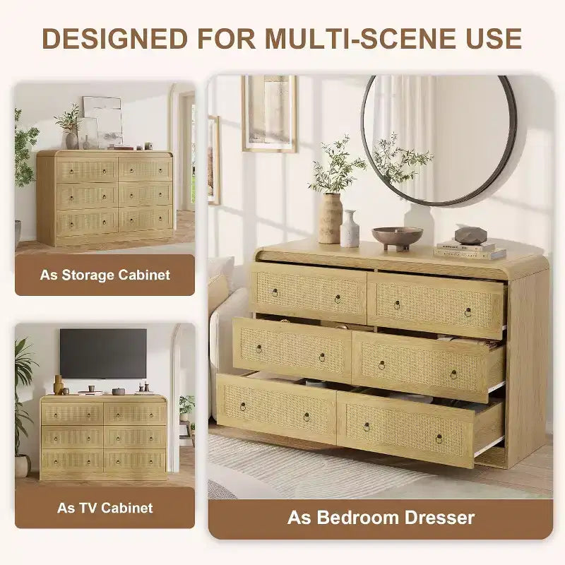 Acekool Commode à 6 tiroirs en rotin de 79 cm de haut, commode moderne pour chambre et salon