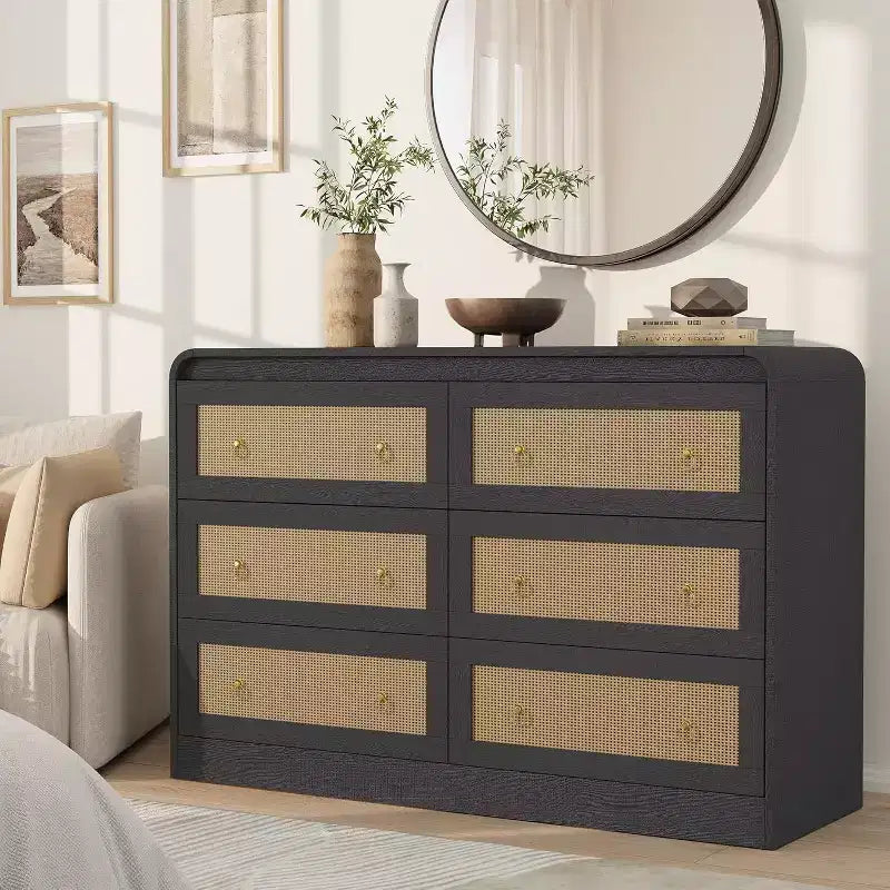 Acekool Commode à 6 tiroirs en rotin de 79 cm de haut, commode moderne pour chambre et salon