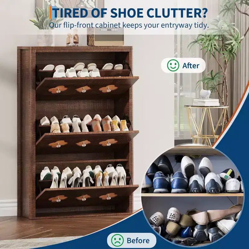 Meuble à chaussures mince Acekool marron avec 6 tiroirs à abattant et étagères réglables pour entrée