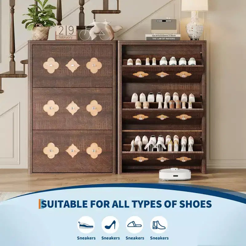 Meuble à chaussures mince Acekool marron avec 6 tiroirs à abattant et étagères réglables pour entrée