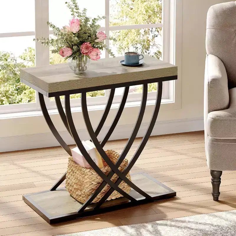 Lantine Side Table, 2-Tier Narrow End Table for Living Room, Industrial Bedside Tables with Metal Frame for Bedroom, Sofa Couch, Small Spaces, Grey