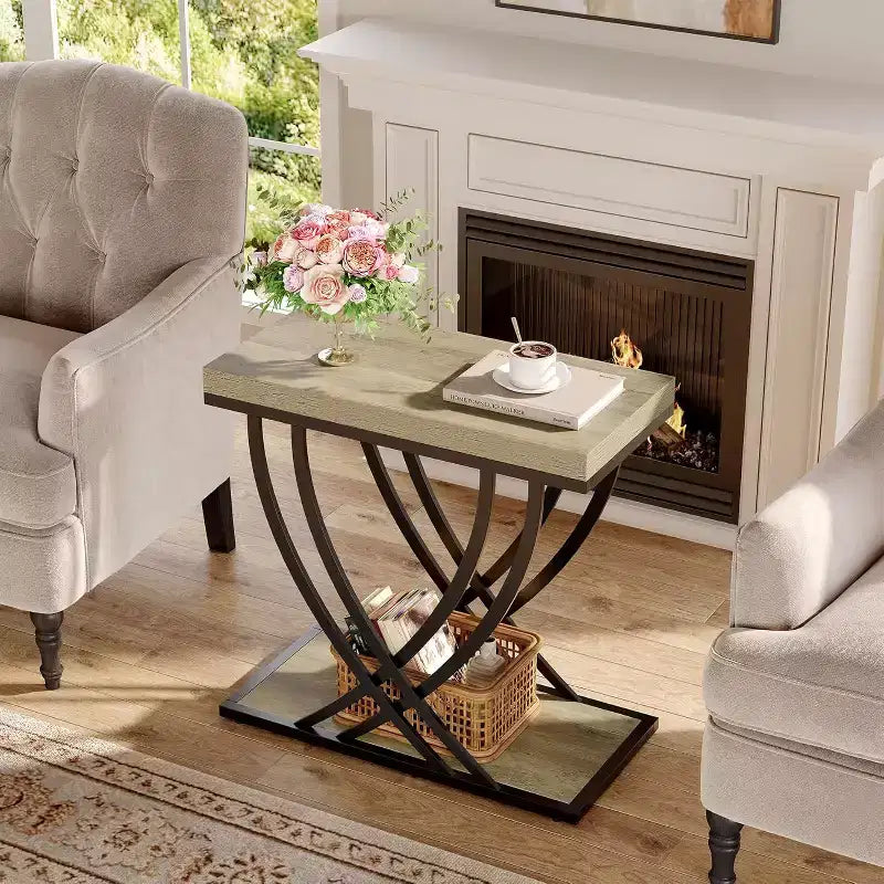 Table d'appoint Lantine, table d'appoint étroite à 2 niveaux pour salon, tables de chevet industrielles avec cadre métallique pour chambre à coucher, canapé, petits espaces, gris