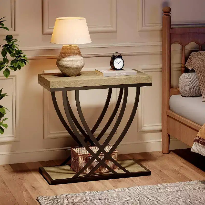 Table d'appoint Lantine, table d'appoint étroite à 2 niveaux pour salon, tables de chevet industrielles avec cadre métallique pour chambre à coucher, canapé, petits espaces, gris