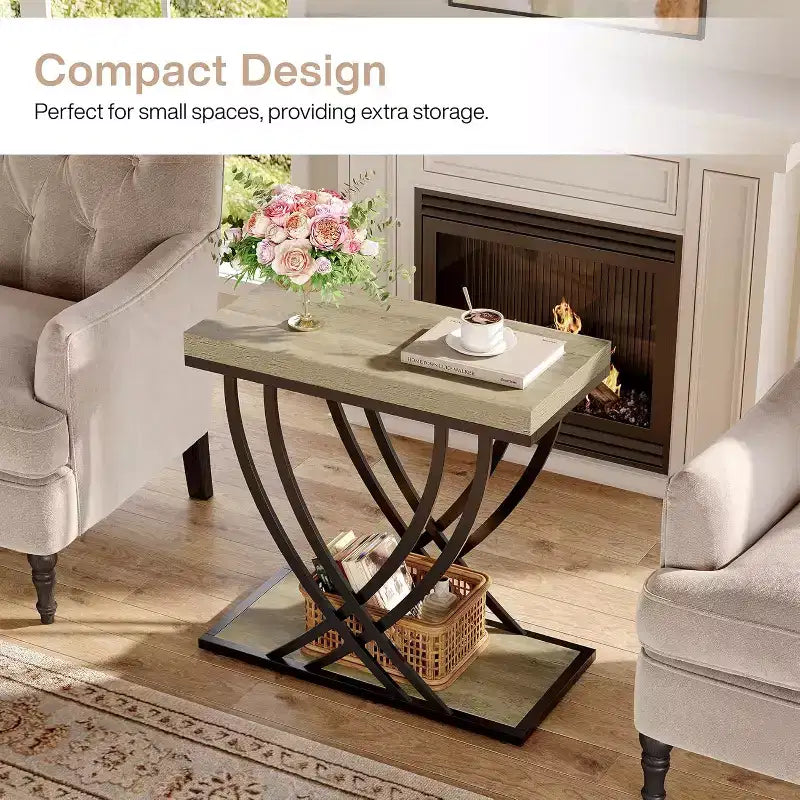 Table d'appoint Lantine, table d'appoint étroite à 2 niveaux pour salon, tables de chevet industrielles avec cadre métallique pour chambre à coucher, canapé, petits espaces, gris