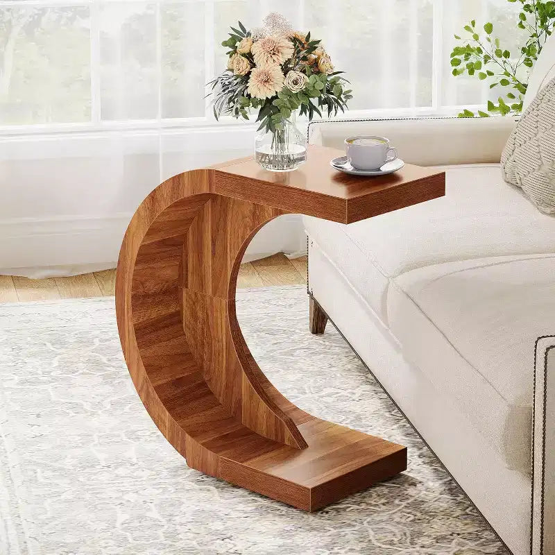 Lantine C-Shaped End Table Rustic Compact Side Table for Couch, Small Space Living Room & Bedroom, Easy Assembly, Walnut