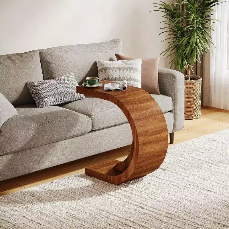 Table d'appoint Lantine en C, style rustique, compacte, pour canapé, petit espace de vie ou chambre à coucher, montage facile, couleur noyer