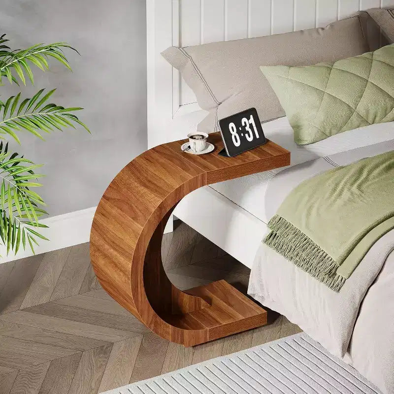 Table d'appoint Lantine en C, style rustique, compacte, pour canapé, petit espace de vie ou chambre à coucher, montage facile, couleur noyer