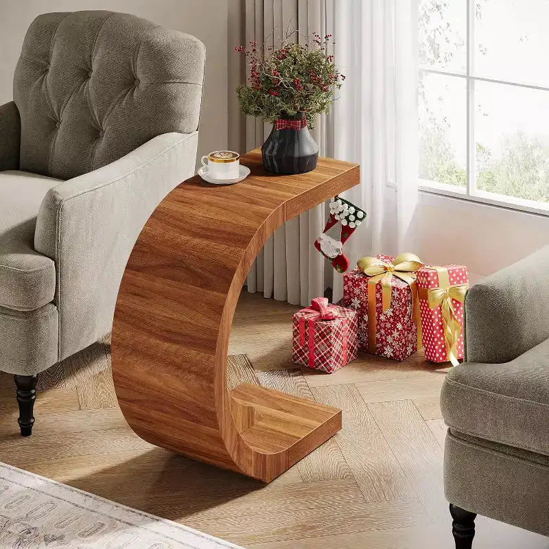 Table d'appoint Lantine en C, style rustique, compacte, pour canapé, petit espace de vie ou chambre à coucher, montage facile, couleur noyer