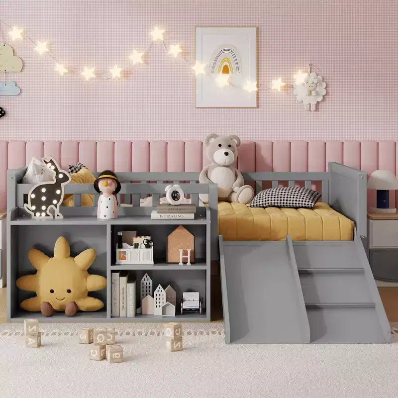Lit superposé simple Whisen pour enfant avec toboggan, étagère de rangement mobile, balustrades, cadre de lit mezzanine bas