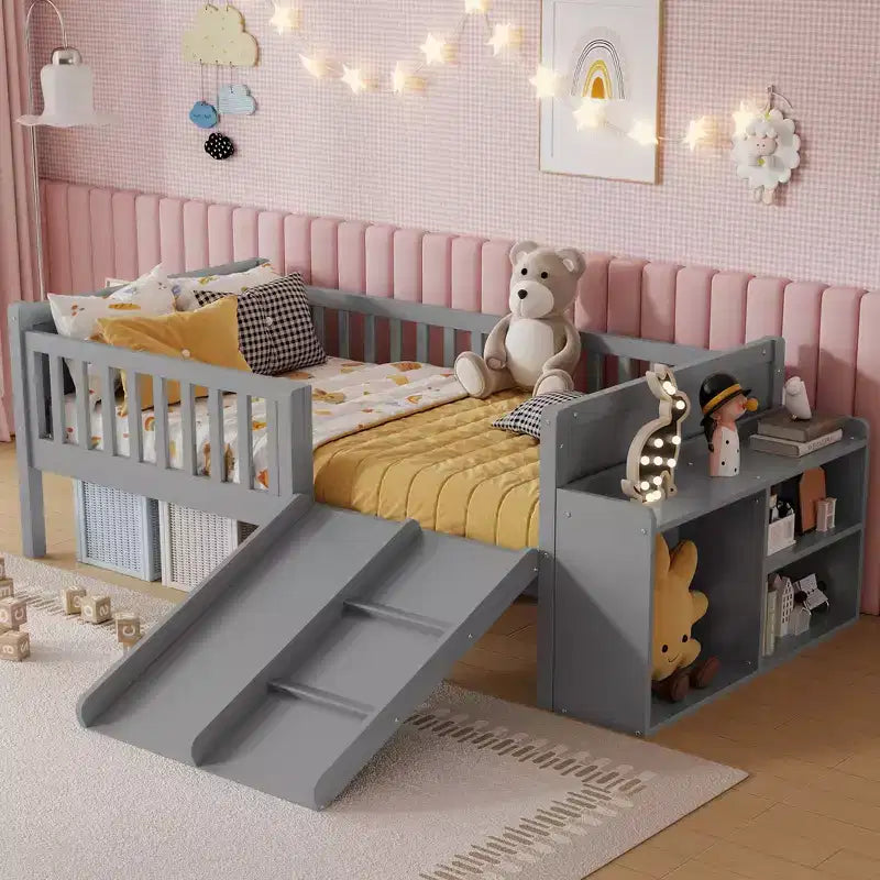 Lit superposé simple Whisen pour enfant avec toboggan, étagère de rangement mobile, balustrades, cadre de lit mezzanine bas