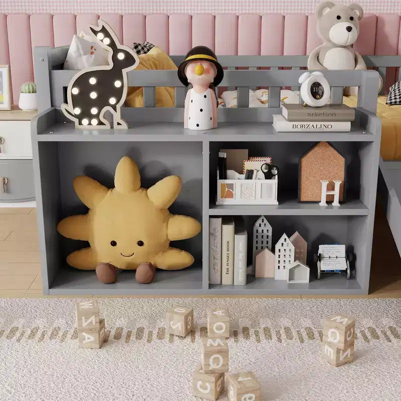 Lit superposé simple Whisen pour enfant avec toboggan, étagère de rangement mobile, balustrades, cadre de lit mezzanine bas