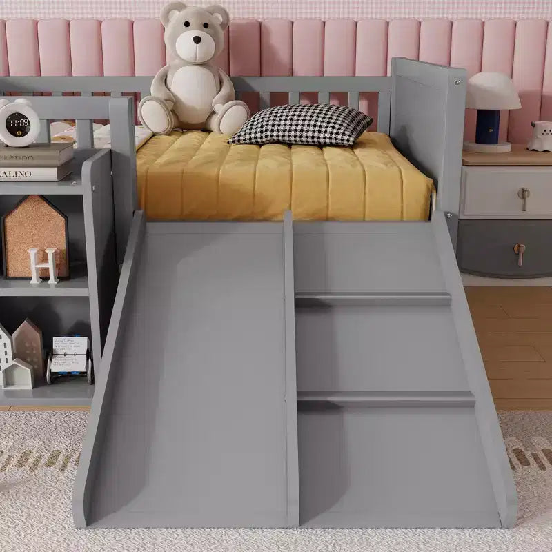 Lit superposé simple Whisen pour enfant avec toboggan, étagère de rangement mobile, balustrades, cadre de lit mezzanine bas