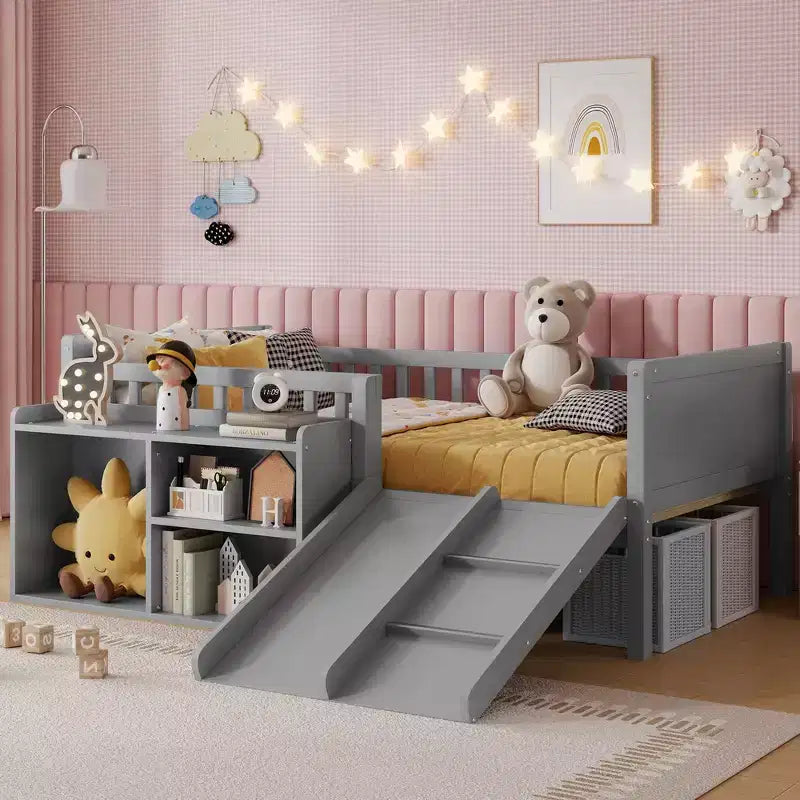Whisen Twin Size Low Loft Bed Frame for Kids with Slide, Movable Bookshelf Storage, Guardrails, Low Loft Bed Frame