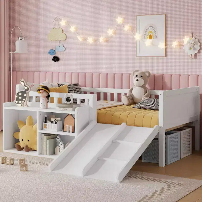 Lit superposé simple Whisen pour enfant avec toboggan, étagère de rangement mobile, balustrades, cadre de lit mezzanine bas