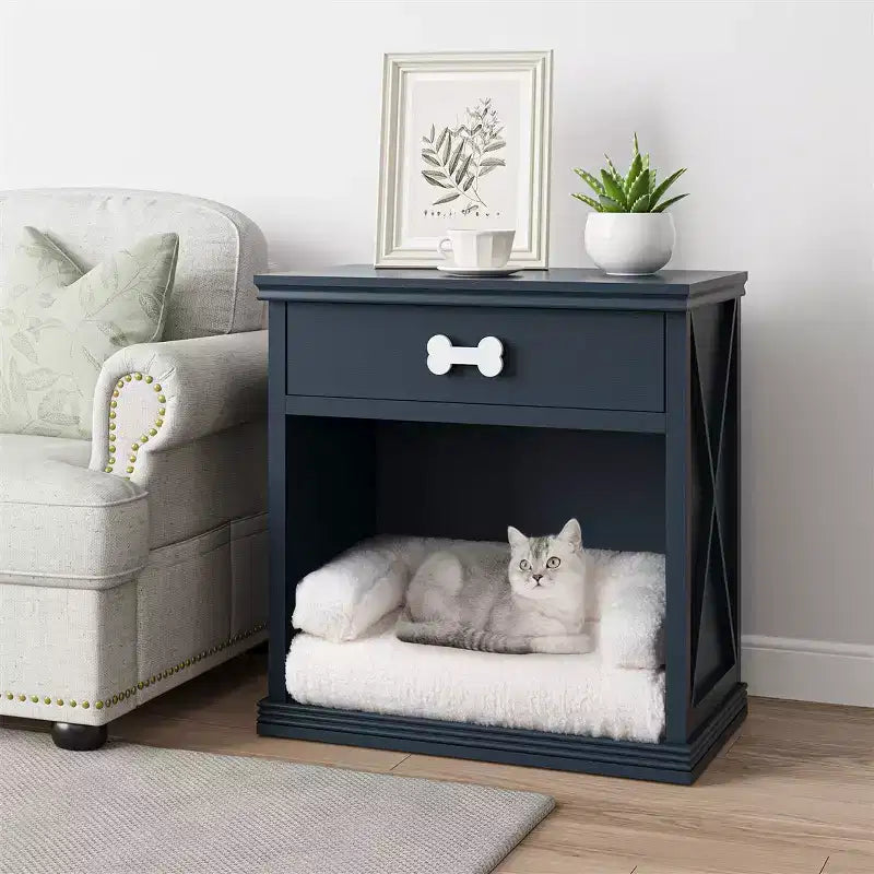 Cat Litter Box Enclosure Furniture with Storage Drawer & LED Light, Hidden Litter Cabinet Nightstand, Navy Blue End Table
