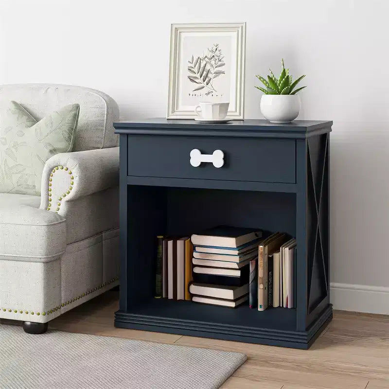 Meuble cache-litière avec tiroir de rangement et lumière LED, table de chevet avec bac à litière caché, table d'appoint bleu marine