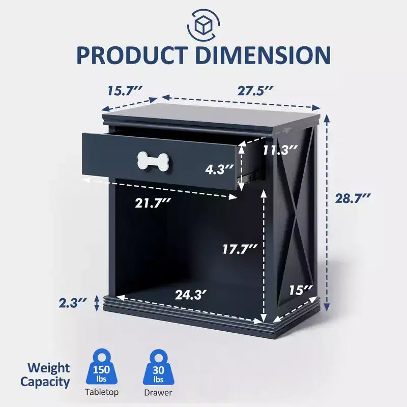 Meuble cache-litière avec tiroir de rangement et lumière LED, table de chevet avec bac à litière caché, table d'appoint bleu marine