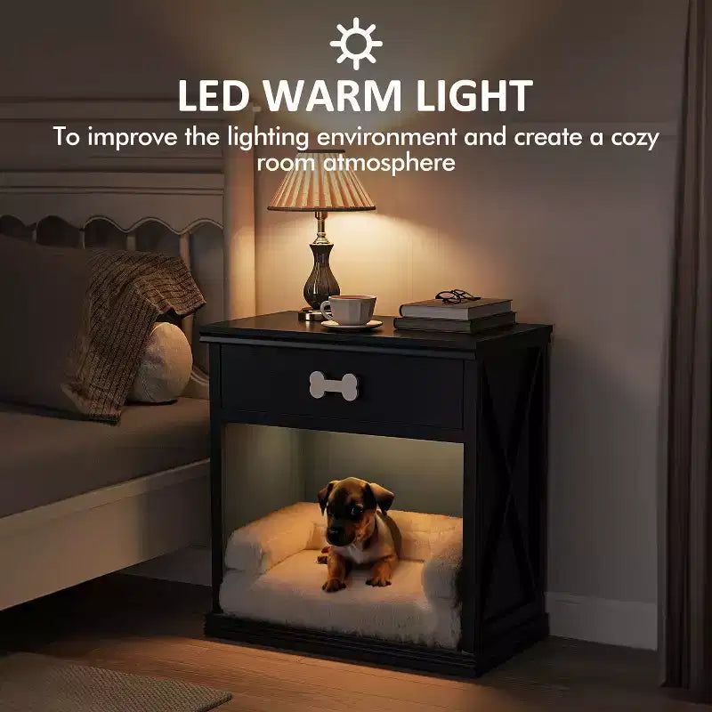 Meuble cache-litière avec tiroir de rangement et lumière LED, table de chevet avec bac à litière caché, table d'appoint bleu marine