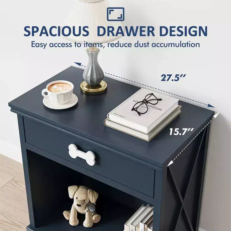 Meuble cache-litière avec tiroir de rangement et lumière LED, table de chevet avec bac à litière caché, table d'appoint bleu marine