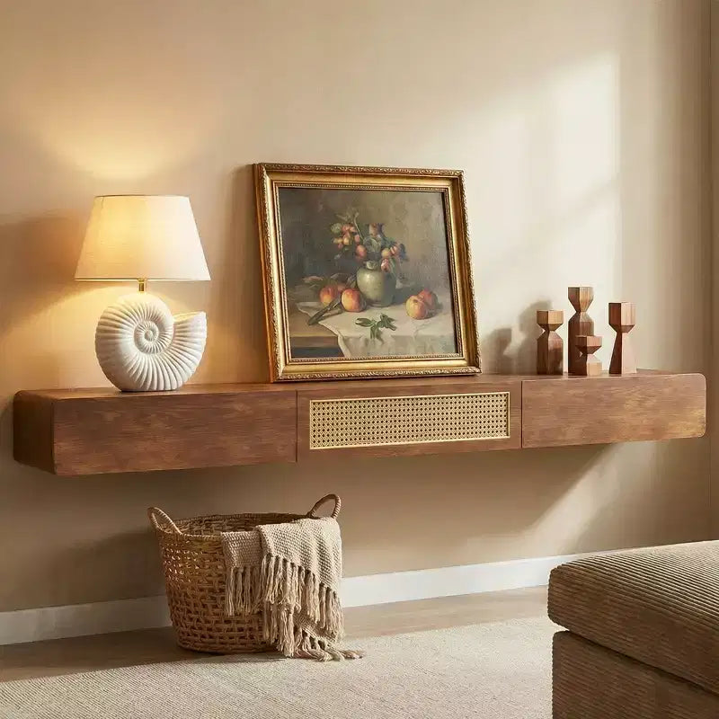 Luck Live Farmhouse 78.74 Inch Floating TV Stand Wall Mounted Media Console with Rattan Door and Drawer Walnut Color