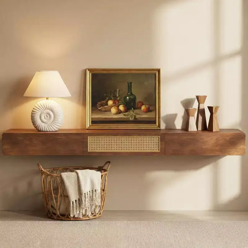 Meuble TV flottant mural Luck Live Farmhouse de 78,74 pouces avec porte en rotin et tiroir couleur noyer