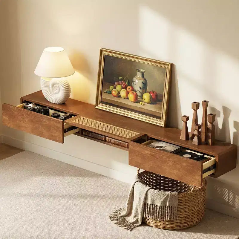 Meuble TV flottant mural Luck Live Farmhouse de 78,74 pouces avec porte en rotin et tiroir couleur noyer