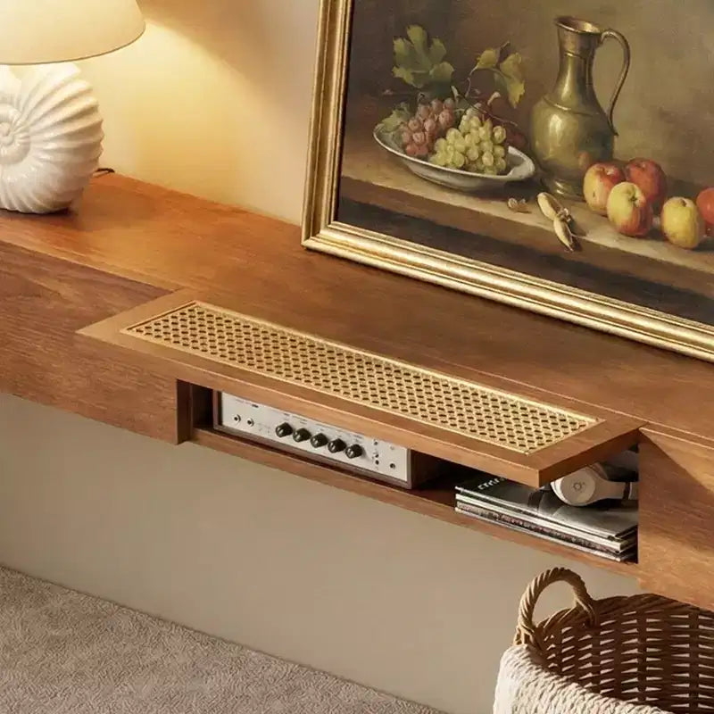 Meuble TV flottant mural Luck Live Farmhouse de 78,74 pouces avec porte en rotin et tiroir couleur noyer