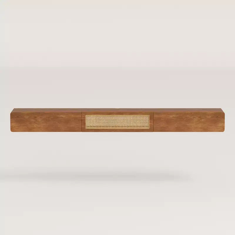 Meuble TV flottant mural Luck Live Farmhouse de 78,74 pouces avec porte en rotin et tiroir couleur noyer