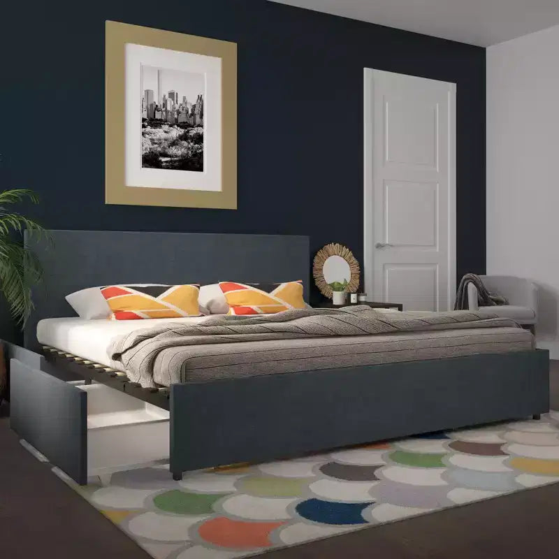 GDFStudio Everleigh Linen Upholstered Platform Bed with 4 Storage Drawers