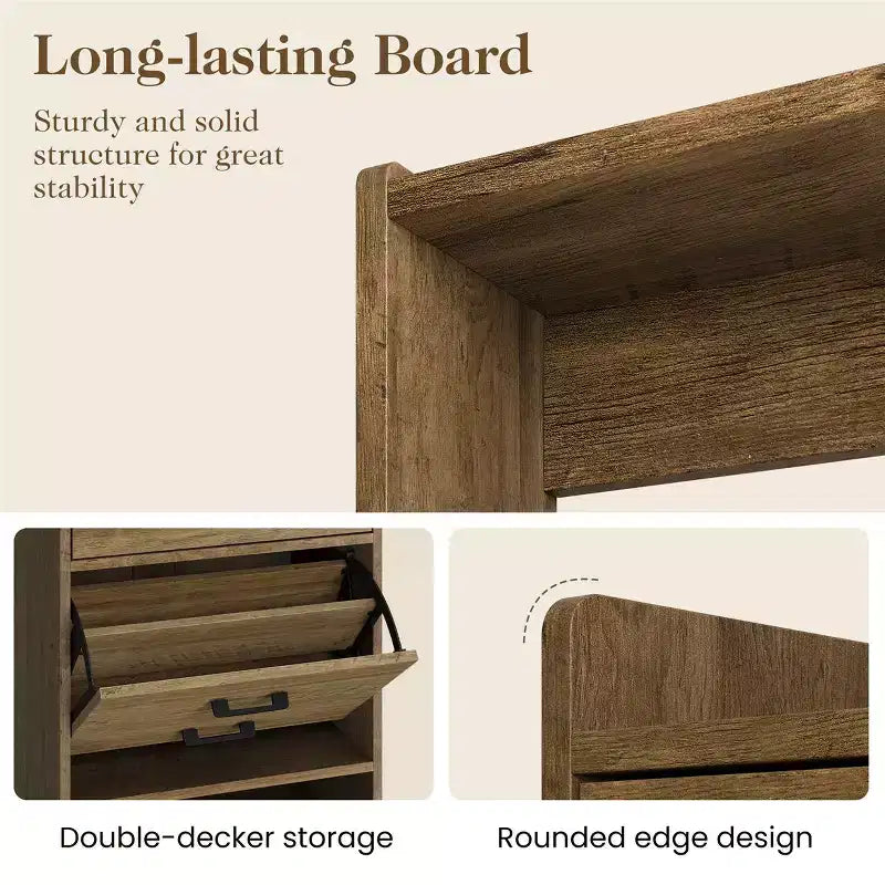 Meuble à chaussures 5-en-1 avec tiroir basculant, rangement à chaussures d'entrée avec panneau perforé, étagère réglable, meuble d'entrée en bois