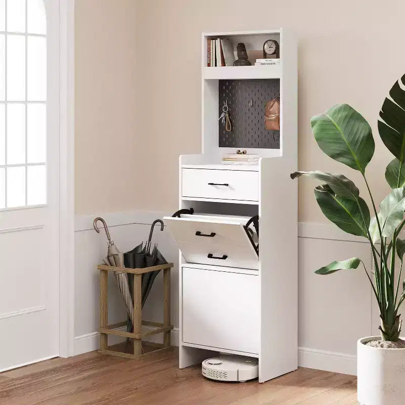 Meuble à chaussures 5-en-1 avec tiroir basculant, rangement à chaussures d'entrée avec panneau perforé, étagère réglable, meuble d'entrée en bois