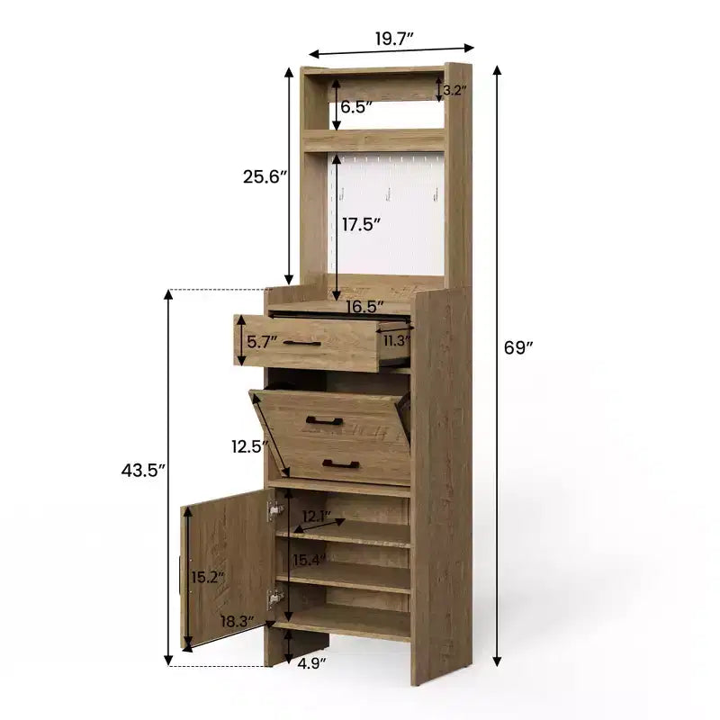 Meuble à chaussures 5-en-1 avec tiroir basculant, rangement à chaussures d'entrée avec panneau perforé, étagère réglable, meuble d'entrée en bois