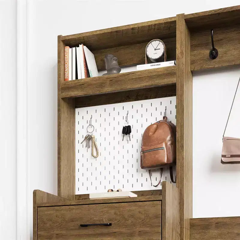 Meuble à chaussures 5-en-1 avec tiroir basculant, rangement à chaussures d'entrée avec panneau perforé, étagère réglable, meuble d'entrée en bois