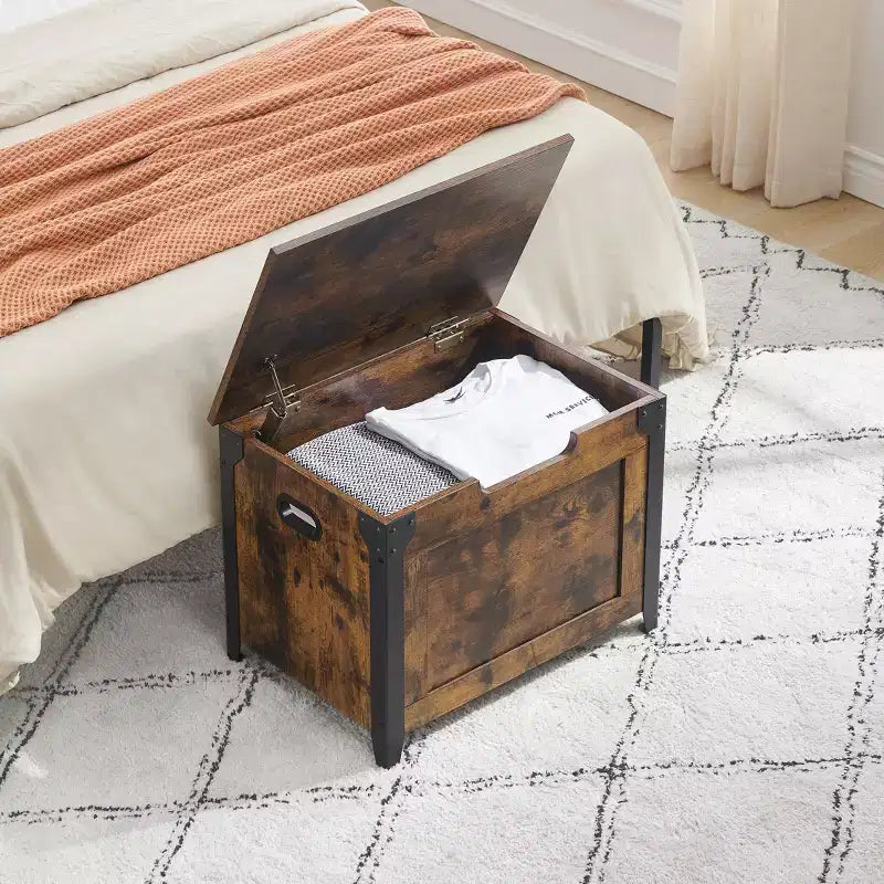Coffre de rangement en bois avec cadre en métal, banc de rangement à ouverture par le haut avec charnière de sécurité, capacité de 136 kg pour entrée, chambre, salon, couvertures et jouets
