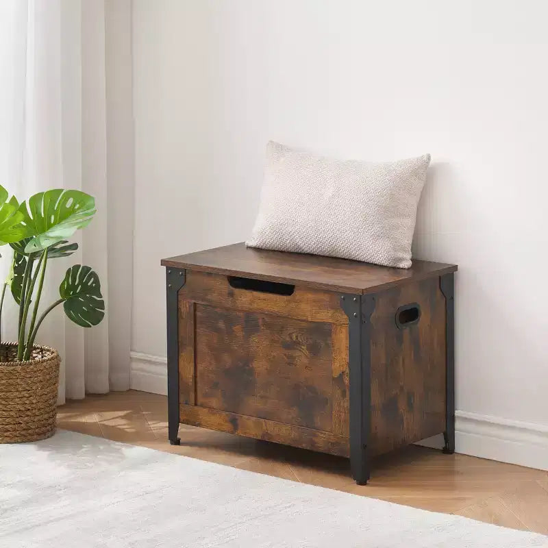 Coffre de rangement en bois avec cadre en métal, banc de rangement à ouverture par le haut avec charnière de sécurité, capacité de 136 kg pour entrée, chambre, salon, couvertures et jouets