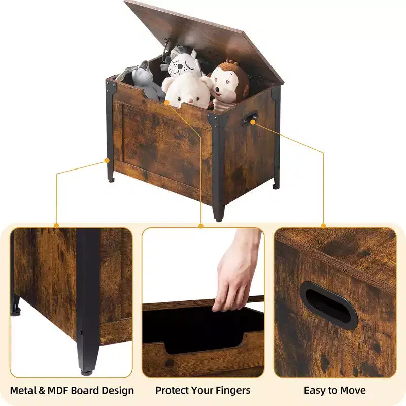 Coffre de rangement en bois avec cadre en métal, banc de rangement à ouverture par le haut avec charnière de sécurité, capacité de 136 kg pour entrée, chambre, salon, couvertures et jouets
