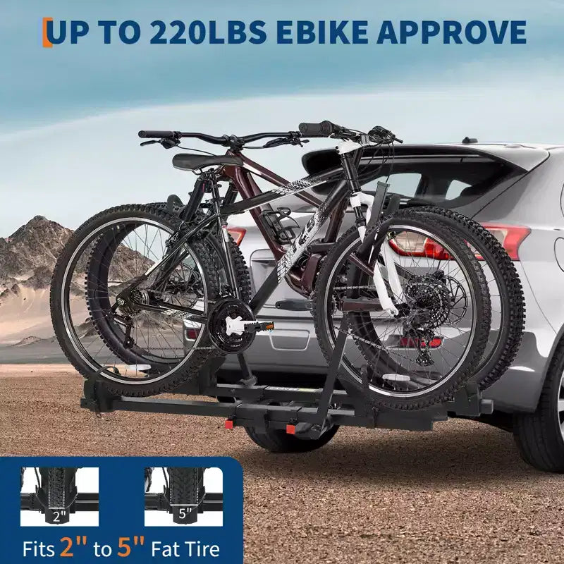 Porte-vélos d'attelage pour vélos électriques, capacité de 90 kg pour 2 vélos avec fonctions d'inclinaison et de pliage, compatible avec récepteur d'attelage de 5 cm, jusqu'à 5 pneus larges, porte-vélos pour voitures et camions.