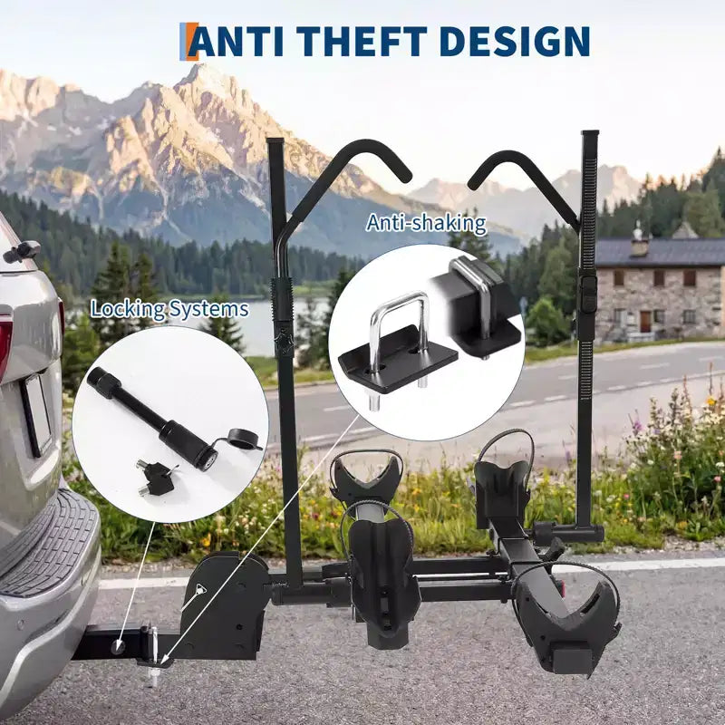 Porte-vélos d'attelage pour vélos électriques, capacité de 90 kg pour 2 vélos avec fonctions d'inclinaison et de pliage, compatible avec récepteur d'attelage de 5 cm, jusqu'à 5 pneus larges, porte-vélos pour voitures et camions.