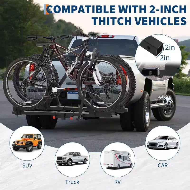 Porte-vélos d'attelage pour vélos électriques, capacité de 90 kg pour 2 vélos avec fonctions d'inclinaison et de pliage, compatible avec récepteur d'attelage de 5 cm, jusqu'à 5 pneus larges, porte-vélos pour voitures et camions.