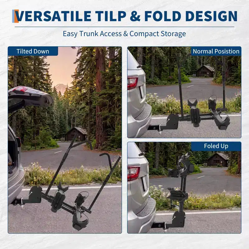 Porte-vélos d'attelage pour vélos électriques, capacité de 90 kg pour 2 vélos avec fonctions d'inclinaison et de pliage, compatible avec récepteur d'attelage de 5 cm, jusqu'à 5 pneus larges, porte-vélos pour voitures et camions.