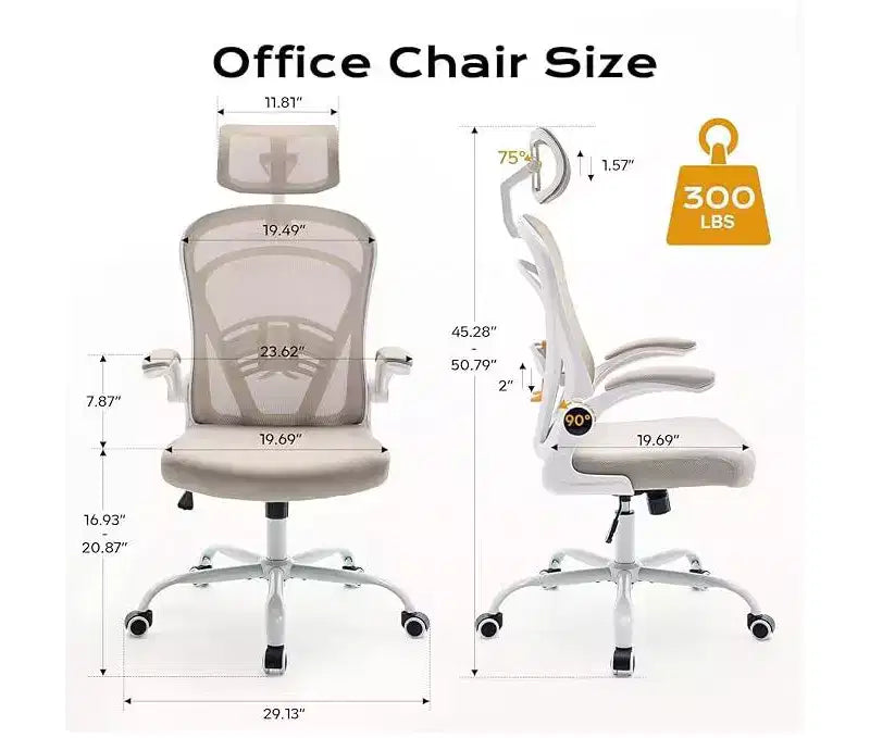 Chaise de bureau ergonomique à dossier haut en maille avec accoudoirs relevables, appui-tête, roulettes, capacité de 136 kg, chaise de bureau exécutive pivotante