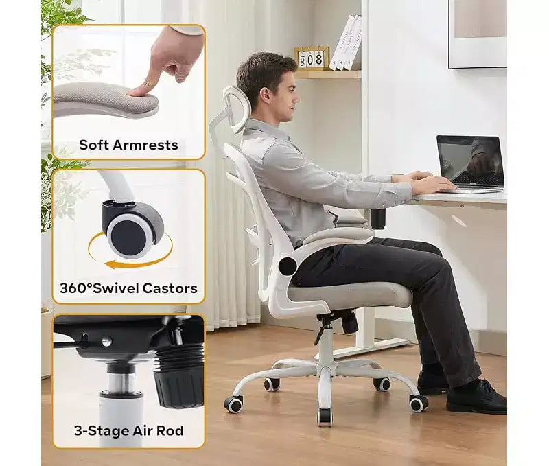 Chaise de bureau ergonomique à dossier haut en maille avec accoudoirs relevables, appui-tête, roulettes, capacité de 136 kg, chaise de bureau exécutive pivotante