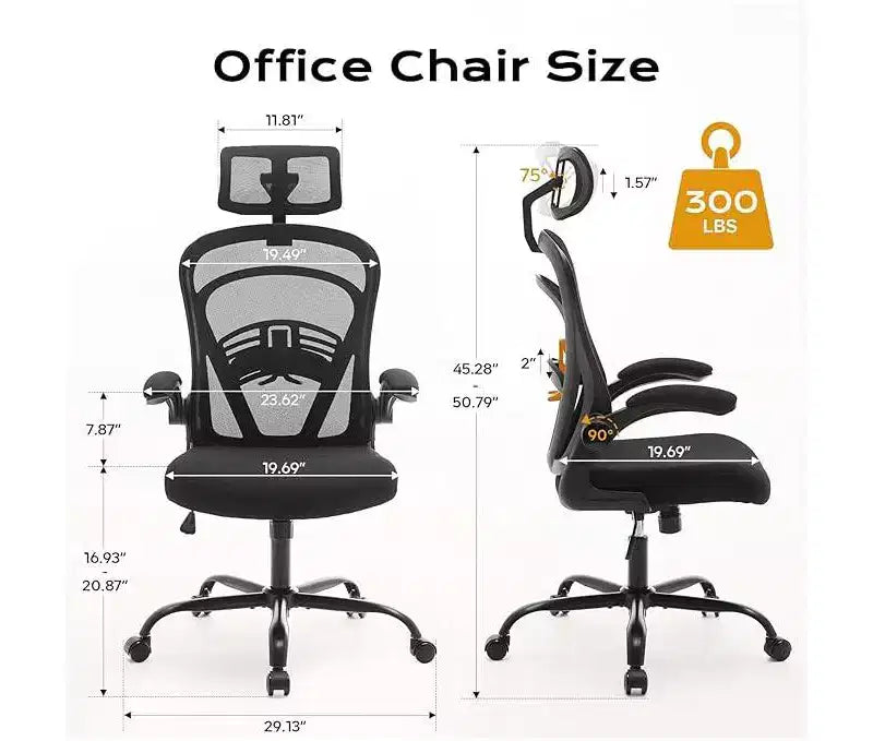 Chaise de bureau ergonomique à dossier haut en maille avec accoudoirs relevables, appui-tête, roulettes, capacité de 136 kg, chaise de bureau exécutive pivotante