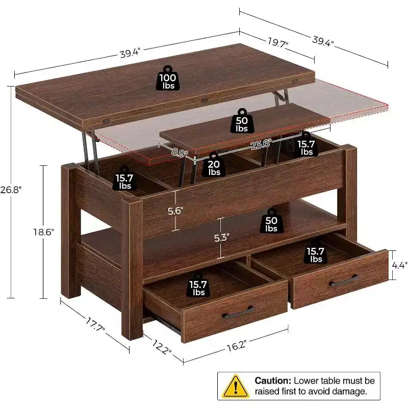 Table basse relevable à hauteur réglable - Table de salon moderne en bois avec 2 tiroirs de rangement et compartiment caché - Noyer brun ou noir