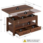 Table basse relevable à hauteur réglable - Table de salon moderne en bois avec 2 tiroirs de rangement et compartiment caché - Noyer brun ou noir
