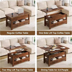 Table basse relevable à hauteur réglable - Table de salon moderne en bois avec 2 tiroirs de rangement et compartiment caché - Noyer brun ou noir