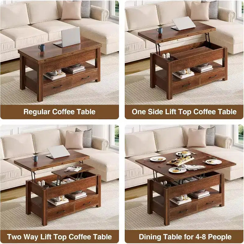 Table basse relevable à hauteur réglable - Table de salon moderne en bois avec 2 tiroirs de rangement et compartiment caché - Noyer brun ou noir